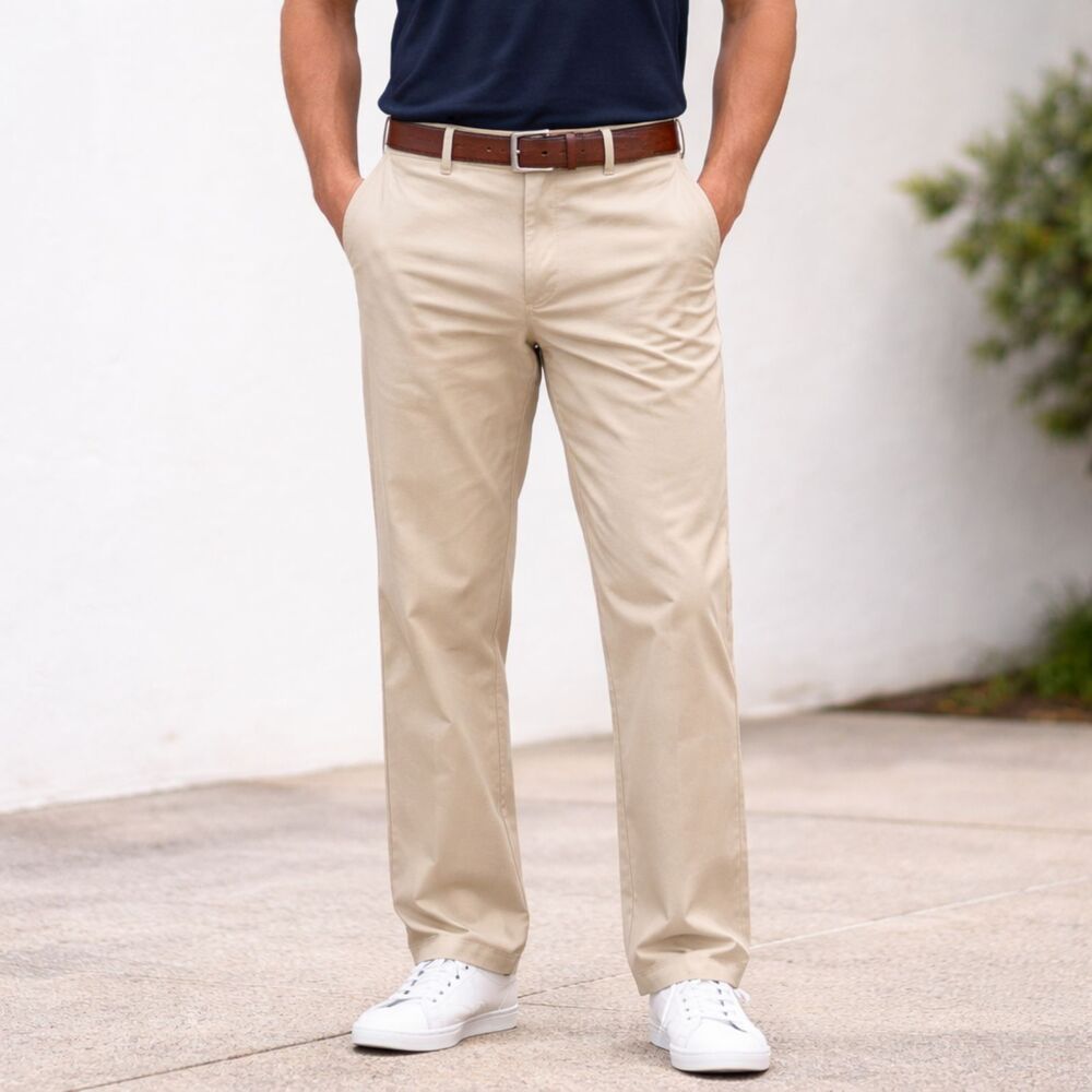 Vintage Y2K IZOD Chino Pants Men 34x32 Beige Flat Front Clean Fit Office Pants